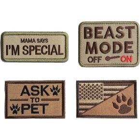 4 Pieces Sevice Dog Pet Patch Beast Mode On,Ask to Pet,US Flag Dog Tracker Paw Mama Says I'm Special Funny Embroidered Applique Hook & Loop Patches (4 PCS- Black)