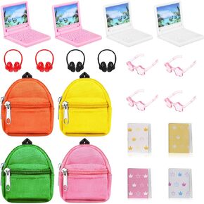 20 Pieces Mini Backpack for Dolls Doll Travel Accessories Include Doll Backpack with Zipper Laptop Books Headsets Sunglasses Scene Simulation Toy for 1/12 1/6 Scale Dollshouse