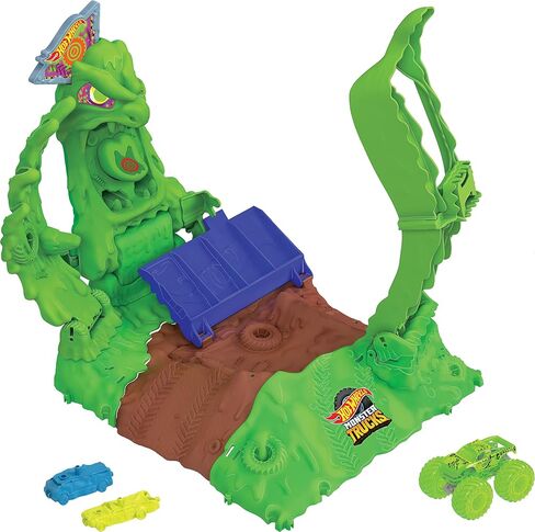 Hot Wheels Monster Trucks Toy Truck & Playset, 1 Glow-in-The-Dark 1:64 Scale Gunkster, GITD Arena Smashers Ooze Battle Challenge, 2 Crushable Cars in Saudi Arabia