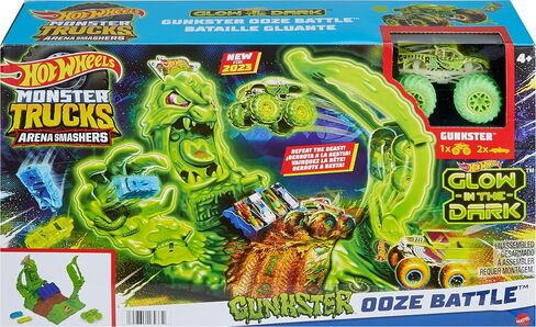 Hot Wheels Monster Trucks Toy Truck & Playset, 1 Glow-in-The-Dark 1:64 Scale Gunkster, GITD Arena Smashers Ooze Battle Challenge, 2 Crushable Cars in Saudi Arabia