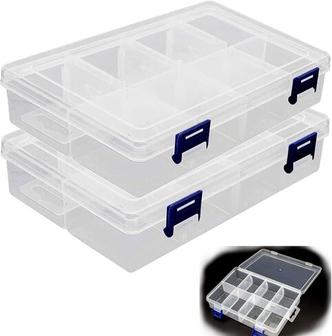 8-Grid Plastic Organizer Box with Adjustable Dividers, 2pcs Clear Compartment Container Craft Organizer Storage Box, Clear Storage Container for Organizing Beads Crafts Nails Jewelry Sewing in Kuwait