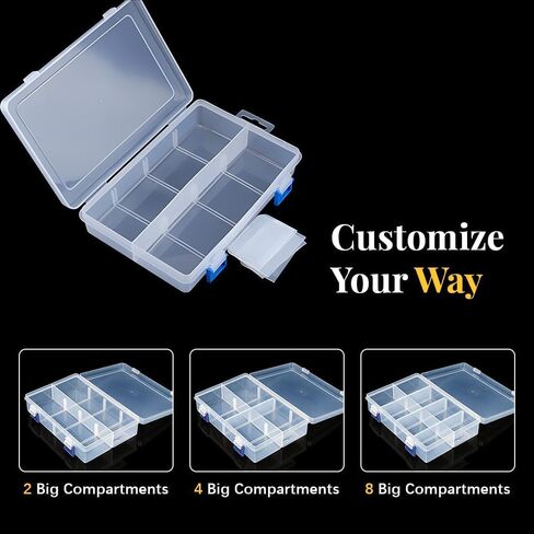 8-Grid Plastic Organizer Box with Adjustable Dividers, 2pcs Clear Compartment Container Craft Organizer Storage Box, Clear Storage Container for Organizing Beads Crafts Nails Jewelry Sewing in Kuwait