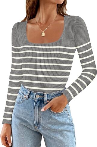 ZESICA Women's Square Neck Striped Tops Long Sleeve Ribbed T Shirts 2024 Fall Fashion Casual Basic Knit Sweaters in Saudi Arabia