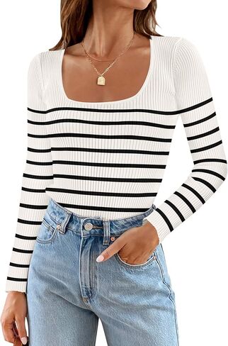 ZESICA Women's Square Neck Striped Tops Long Sleeve Ribbed T Shirts 2024 Fall Fashion Casual Basic Knit Sweaters in Saudi Arabia