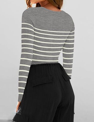 ZESICA Women's Square Neck Striped Tops Long Sleeve Ribbed T Shirts 2024 Fall Fashion Casual Basic Knit Sweaters in Saudi Arabia