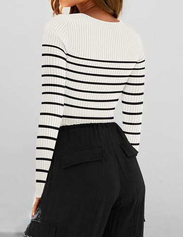 ZESICA Women's Square Neck Striped Tops Long Sleeve Ribbed T Shirts 2024 Fall Fashion Casual Basic Knit Sweaters in Saudi Arabia
