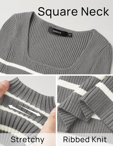 ZESICA Women's Square Neck Striped Tops Long Sleeve Ribbed T Shirts 2024 Fall Fashion Casual Basic Knit Sweaters in Saudi Arabia