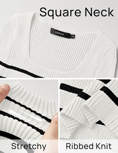 ZESICA Women's Square Neck Striped Tops Long Sleeve Ribbed T Shirts 2024 Fall Fashion Casual Basic Knit Sweaters in Saudi Arabia