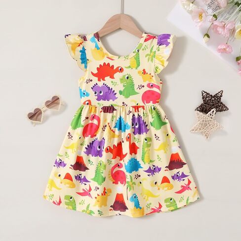 Happy Town Toddler Girls Dress Summer Dinosaur Dresses Fly Sleeve Baby Girl Casual Dress in Saudi Arabia