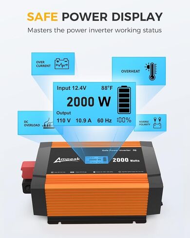 Ampeak 2000W Power Inverter with Remote 3AC Outlets 6.2A USB Ports Inverter DC 12V to AC 110V 17 Protections Inverter for Vehicles in Saudi Arabia
