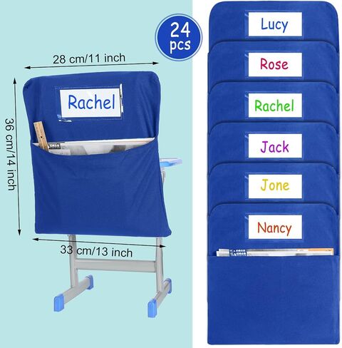 12 Pcs Small Chair Storage Pocket 14 Inch School Chair Bag Chairback Pocket Student Chair Pockets Chart Classroom Organizer with Name Tag for Keeping Student Book Table Organized (Blue) in Saudi Arabia