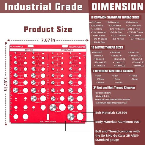 34 Nut and Bolt Thread Checker, Bolt and Nut Identifier Gauge Thread Checker Standard and Metric Board Wall Mount Screw Size and Thread Gauge（Square） in Saudi Arabia