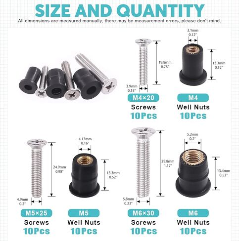 30 Pairs M4 M5 M6 Neoprene Well Nuts with Stainless Steel Pozi Screw Brass Copper Bolts Well Nut Kit for Kayak, Motorcycle, Boats (M4 x 20mm M5 x 25mm M6 x 30mm) in Saudi Arabia