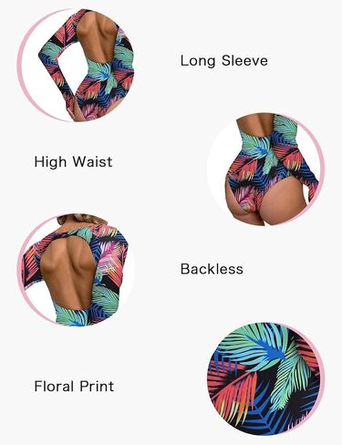 Women's Long Sleeve Bathing Suit One Piece Swimsuit Floral Print Backless Swimwear in Saudi Arabia
