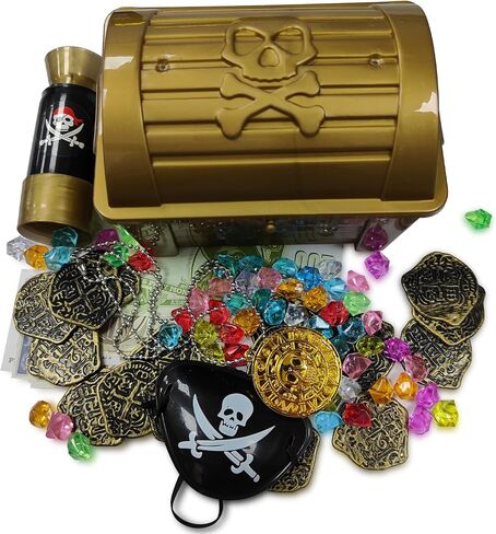 Pirate Chest Toys for Kids - 170 Pieces Kids Pirate Treasure Toys Colorful Pool Acrylic Diamonds Pirate Treasure Chest Coins with Pirate Costume Toy for Kids Birthday Party Favor in Kuwait