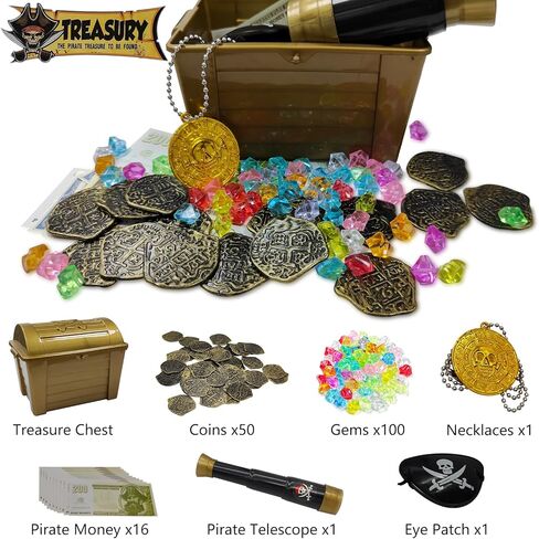 Pirate Chest Toys for Kids - 170 Pieces Kids Pirate Treasure Toys Colorful Pool Acrylic Diamonds Pirate Treasure Chest Coins with Pirate Costume Toy for Kids Birthday Party Favor in Kuwait