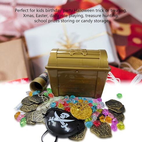 Pirate Chest Toys for Kids - 170 Pieces Kids Pirate Treasure Toys Colorful Pool Acrylic Diamonds Pirate Treasure Chest Coins with Pirate Costume Toy for Kids Birthday Party Favor in Kuwait