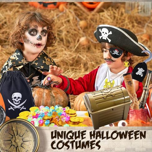 Pirate Chest Toys for Kids - 170 Pieces Kids Pirate Treasure Toys Colorful Pool Acrylic Diamonds Pirate Treasure Chest Coins with Pirate Costume Toy for Kids Birthday Party Favor in Kuwait