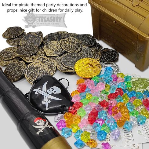 Pirate Chest Toys for Kids - 170 Pieces Kids Pirate Treasure Toys Colorful Pool Acrylic Diamonds Pirate Treasure Chest Coins with Pirate Costume Toy for Kids Birthday Party Favor in Kuwait