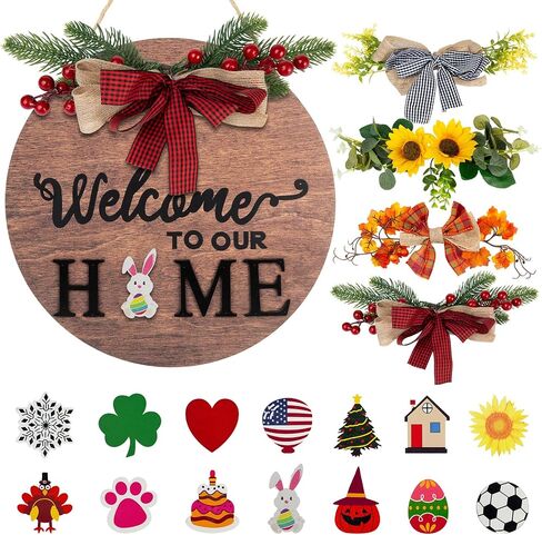 Welcome Home Sign For Front Door Decor Interchangeable Seasonal Round Wood Wreath Wall Decoration Hanging Outdoor, Farmhouse, Porch, Spring Summer Fall Seasons Holiday Halloween Christmas, Black… in Saudi Arabia