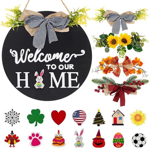 Welcome Home Sign For Front Door Decor Interchangeable Seasonal Round Wood Wreath Wall Decoration Hanging Outdoor, Farmhouse, Porch, Spring Summer Fall Seasons Holiday Halloween Christmas, Black… in Saudi Arabia