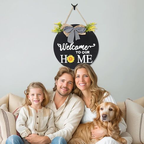 Welcome Home Sign For Front Door Decor Interchangeable Seasonal Round Wood Wreath Wall Decoration Hanging Outdoor, Farmhouse, Porch, Spring Summer Fall Seasons Holiday Halloween Christmas, Black… in Saudi Arabia