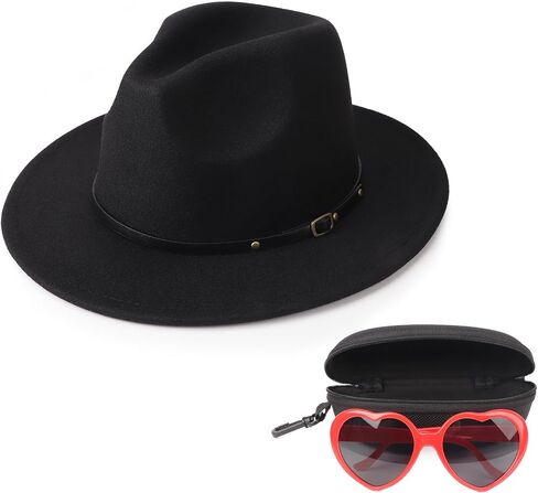 DRESHOW Women Classic Felt Fedora Wide Brim Floppy with Belt Buckle Panama Hat with Cute & Fashion Love Heart Shaped Sunglasses Oversized Eyeglasses Cat Eye Mod Style for Women in Saudi Arabia