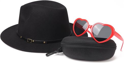 DRESHOW Women Classic Felt Fedora Wide Brim Floppy with Belt Buckle Panama Hat with Cute & Fashion Love Heart Shaped Sunglasses Oversized Eyeglasses Cat Eye Mod Style for Women in Saudi Arabia