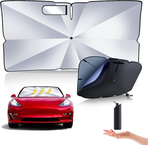 2024 Newest Tesla Model 3/Model Y Windshield Sunshade Double Layer Umbrella-[Outer Cooling Fiber Layer][Built-in Vinyl Insulation],Full-Size Foldable Front Sun Shade for Model 3/Y 2016-2024 in Kuwait