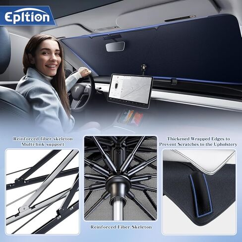 2024 Newest Tesla Model 3/Model Y Windshield Sunshade Double Layer Umbrella-[Outer Cooling Fiber Layer][Built-in Vinyl Insulation],Full-Size Foldable Front Sun Shade for Model 3/Y 2016-2024 in Kuwait