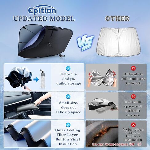 2024 Newest Tesla Model 3/Model Y Windshield Sunshade Double Layer Umbrella-[Outer Cooling Fiber Layer][Built-in Vinyl Insulation],Full-Size Foldable Front Sun Shade for Model 3/Y 2016-2024 in Kuwait