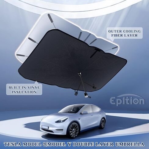 2024 Newest Tesla Model 3/Model Y Windshield Sunshade Double Layer Umbrella-[Outer Cooling Fiber Layer][Built-in Vinyl Insulation],Full-Size Foldable Front Sun Shade for Model 3/Y 2016-2024 in Kuwait