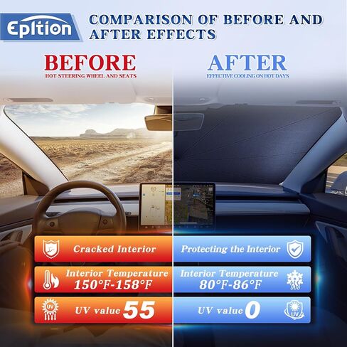 2024 Newest Tesla Model 3/Model Y Windshield Sunshade Double Layer Umbrella-[Outer Cooling Fiber Layer][Built-in Vinyl Insulation],Full-Size Foldable Front Sun Shade for Model 3/Y 2016-2024 in Kuwait