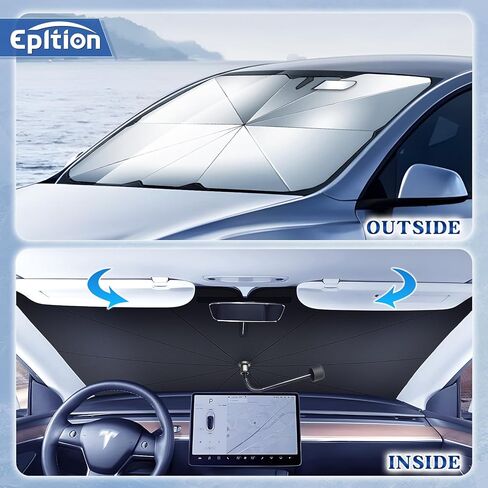 2024 Newest Tesla Model 3/Model Y Windshield Sunshade Double Layer Umbrella-[Outer Cooling Fiber Layer][Built-in Vinyl Insulation],Full-Size Foldable Front Sun Shade for Model 3/Y 2016-2024 in Kuwait