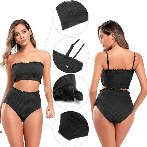SHEKINI Women's Shirred Bandeau Bikini High Waist Bathing Suit Strapless Two Piece Swimsuit in Saudi Arabia