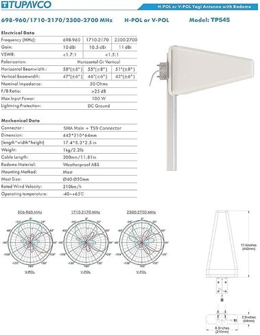 Tupavco TP545 Yagi هوائي السقف الاتجاهي 3G/4G/LTE واسع النطاق 11dBi 806 ميجا هرتز إلى 2.7 جيجا هرتز نطاق 2FT كابل مع 2FT SMA كابل ذكر إلى محول TS-9 - سجل إشارة الهاتف الخليوي الخلوي الدوري in Kuwait