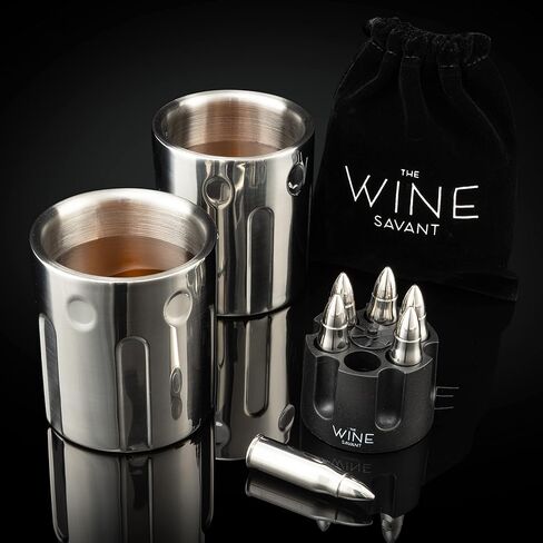 The Wine Savant 2 أكواب ثلج معدنية ومبردات رصاصة أحجار ويسكي رصاصات من الفولاذ المقاوم للصدأ مع علبة مسدس، مجموعة مبردات رصاصة 1.75 بوصة مكونة من 6 قطع، مجموعات هدايا الويسكي، هدايا عسكرية، هدايا للمحاربين القدامى in Kuwait