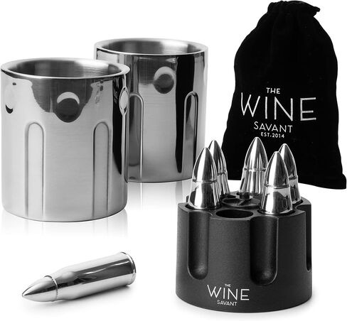 The Wine Savant 2 أكواب ثلج معدنية ومبردات رصاصة أحجار ويسكي رصاصات من الفولاذ المقاوم للصدأ مع علبة مسدس، مجموعة مبردات رصاصة 1.75 بوصة مكونة من 6 قطع، مجموعات هدايا الويسكي، هدايا عسكرية، هدايا للمحاربين القدامى in Kuwait