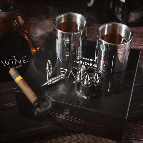 The Wine Savant 2 أكواب ثلج معدنية ومبردات رصاصة أحجار ويسكي رصاصات من الفولاذ المقاوم للصدأ مع علبة مسدس، مجموعة مبردات رصاصة 1.75 بوصة مكونة من 6 قطع، مجموعات هدايا الويسكي، هدايا عسكرية، هدايا للمحاربين القدامى in Kuwait