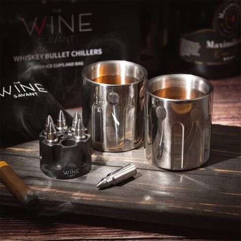 The Wine Savant 2 أكواب ثلج معدنية ومبردات رصاصة أحجار ويسكي رصاصات من الفولاذ المقاوم للصدأ مع علبة مسدس، مجموعة مبردات رصاصة 1.75 بوصة مكونة من 6 قطع، مجموعات هدايا الويسكي، هدايا عسكرية، هدايا للمحاربين القدامى in Kuwait