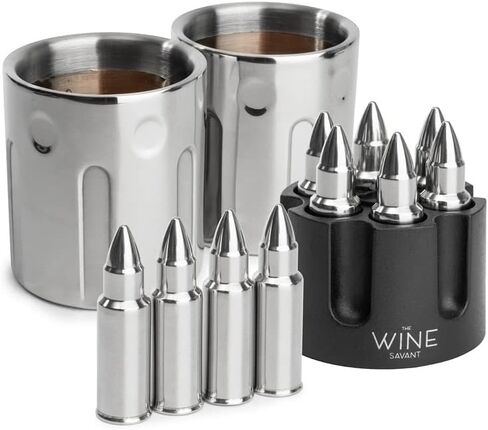 The Wine Savant 2 أكواب ثلج معدنية ومبردات رصاصة أحجار ويسكي رصاصات من الفولاذ المقاوم للصدأ مع علبة مسدس، مجموعة مبردات رصاصة 1.75 بوصة مكونة من 6 قطع، مجموعات هدايا الويسكي، هدايا عسكرية، هدايا للمحاربين القدامى in Kuwait