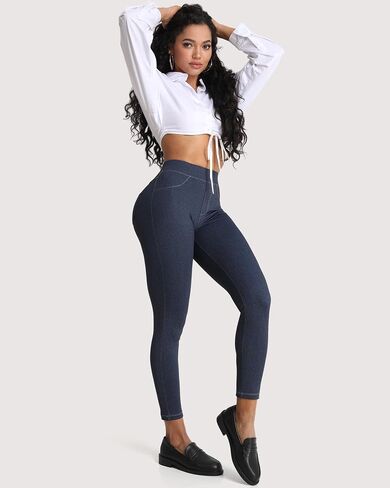 Pull On Jean Look Leggings Denim Jeggings for Women High Waist Tummy Control with Back Pockets Stretchy Casual Tights in Saudi Arabia