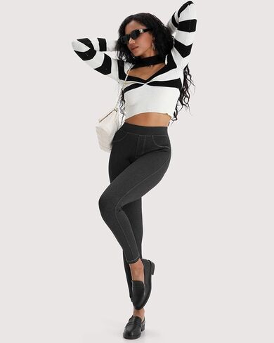 Pull On Jean Look Leggings Denim Jeggings for Women High Waist Tummy Control with Back Pockets Stretchy Casual Tights in Saudi Arabia