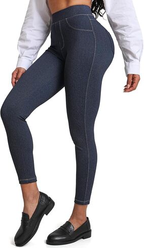 Pull On Jean Look Leggings Denim Jeggings for Women High Waist Tummy Control with Back Pockets Stretchy Casual Tights in Saudi Arabia