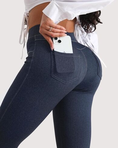 Pull On Jean Look Leggings Denim Jeggings for Women High Waist Tummy Control with Back Pockets Stretchy Casual Tights in Saudi Arabia