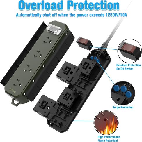 Outdoor Power Strip Weatherproof, 50 FT Extension Cord, Diivoo Waterproof Surge Protector with 4 Outlets, 1250W Shockproof Overload Protection, Flat Plug, Wall Mountable for Patio Christmas Lights in Saudi Arabia