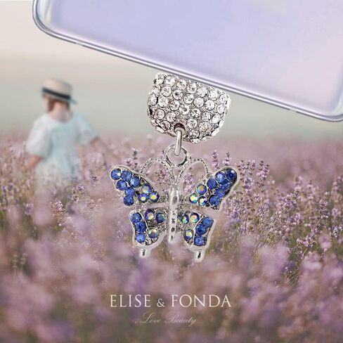 ELISE & FONDA TP155 Type-C منفذ شحن USB كريستال مضاد للغبار قابس صغير على شكل فراشة قلادة للهاتف الخلوي لهواتف Samsung Galaxy/Huawei/OnePlus/Xiaomi/oppo Android (أزرق in Saudi Arabia