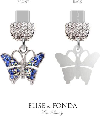 ELISE & FONDA TP155 Type-C منفذ شحن USB كريستال مضاد للغبار قابس صغير على شكل فراشة قلادة للهاتف الخلوي لهواتف Samsung Galaxy/Huawei/OnePlus/Xiaomi/oppo Android (أزرق in Saudi Arabia