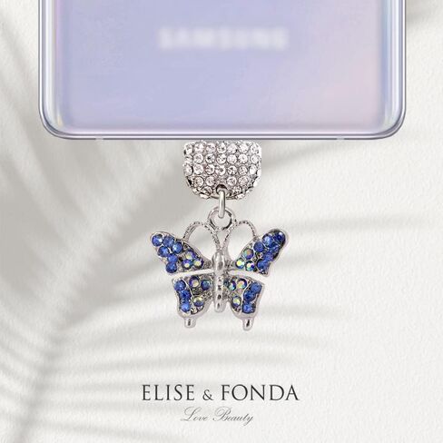 ELISE & FONDA TP155 Type-C منفذ شحن USB كريستال مضاد للغبار قابس صغير على شكل فراشة قلادة للهاتف الخلوي لهواتف Samsung Galaxy/Huawei/OnePlus/Xiaomi/oppo Android (أزرق in Saudi Arabia