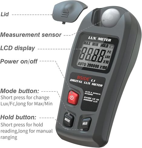 جهاز اختبار الإضاءة الرقمي من BSIDE جهاز قياس الإضاءة الرقمي لوكس متر، 0-200,000 لوكس مع الحد الأقصى/الدقيقة، مقياس الإضاءة البيئي المحمول لفيلم الحديقة والمكتب الداخلي والفصول الدراسية والنباتات التي تنمو بالتصوير الفوتوغرافي الخفيف in Kuwait